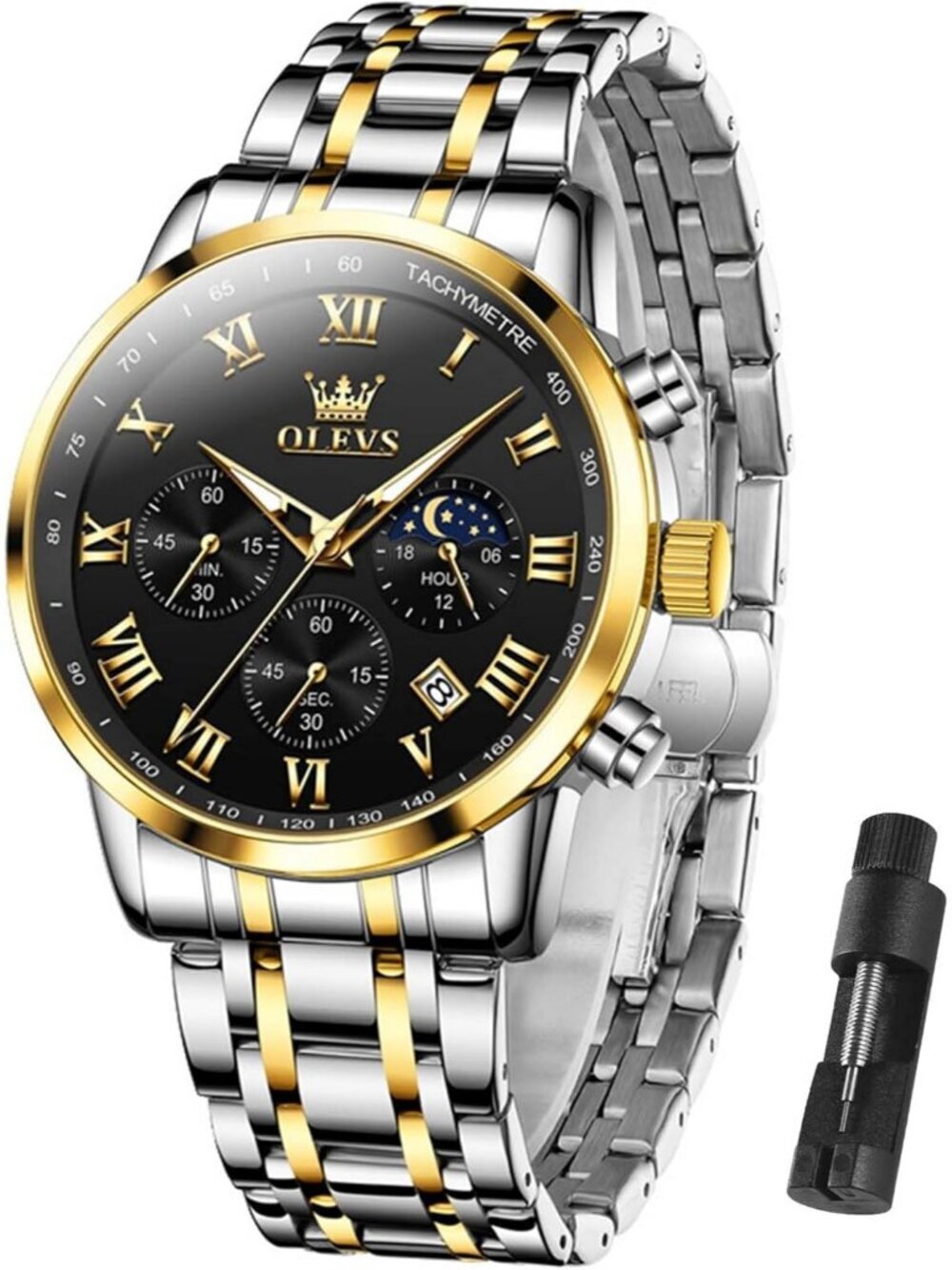 Olevs Mens Silver Black Face Multifunction Waterproof Luminous Chronograph Watch